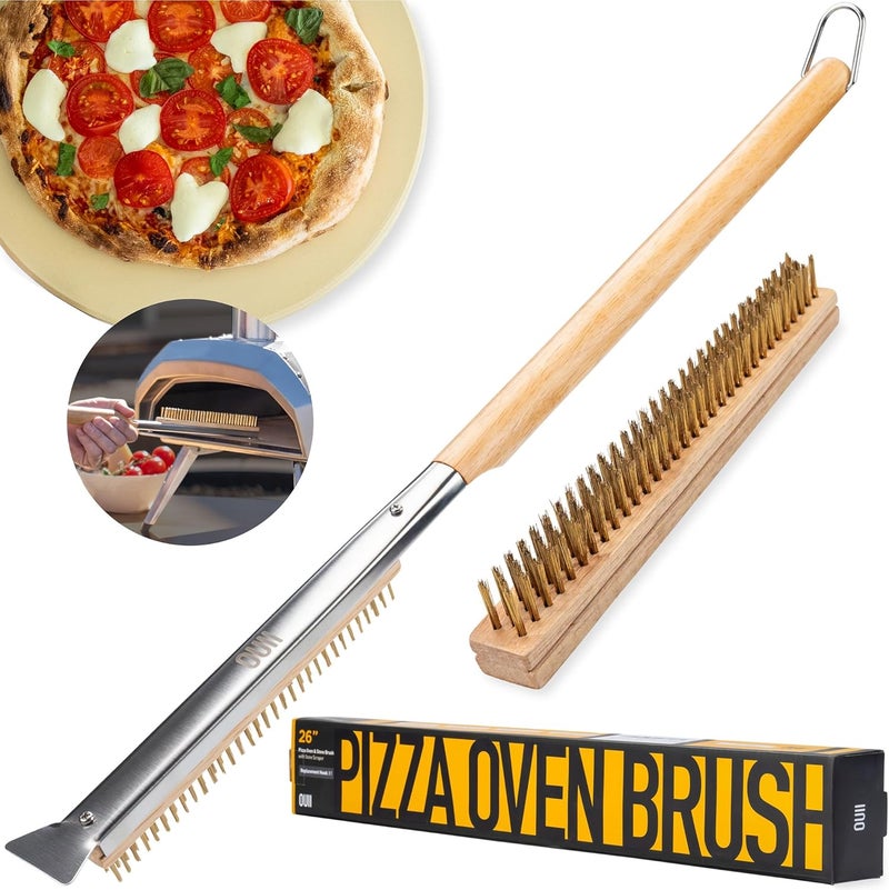 OUII 26'' Pizza Oven Brush with Stone Scraper - Includes 2 Brush Heads, Heat-Resistant Gold Stainless Steel Bristles - Long Grip Handle, Compatible with Ooni, Gozney, Blackstone, Solo Stove Ovens - Image 1